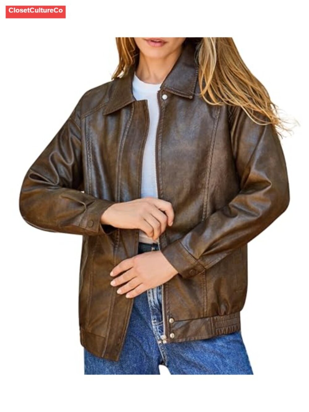 Oversized Faux Leather Bomber Jacket Vegan Moto Zip Up Fall Winter Coat